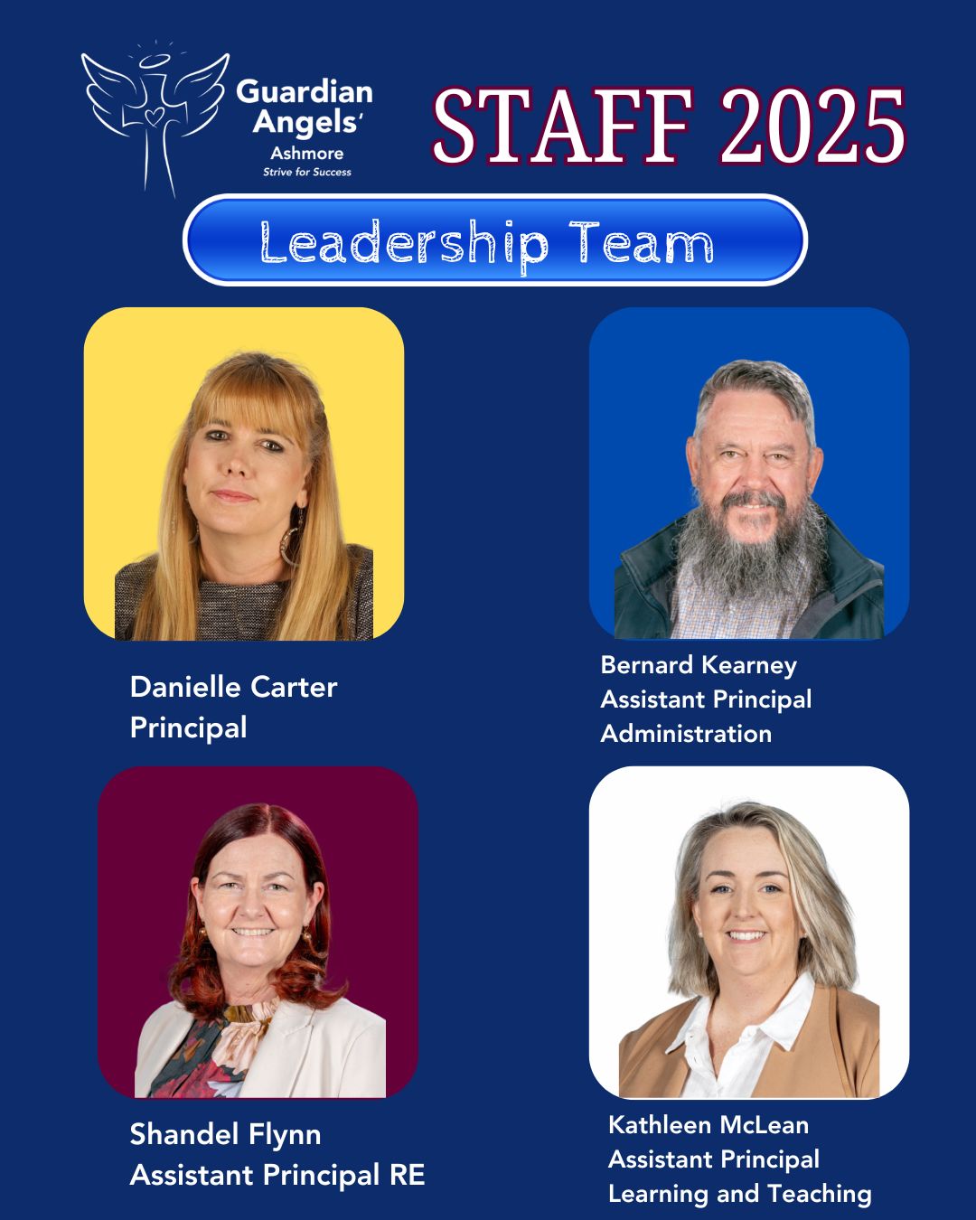 Leadership team graphic showing staff photos and roles including principal and assistant principals within a school setting