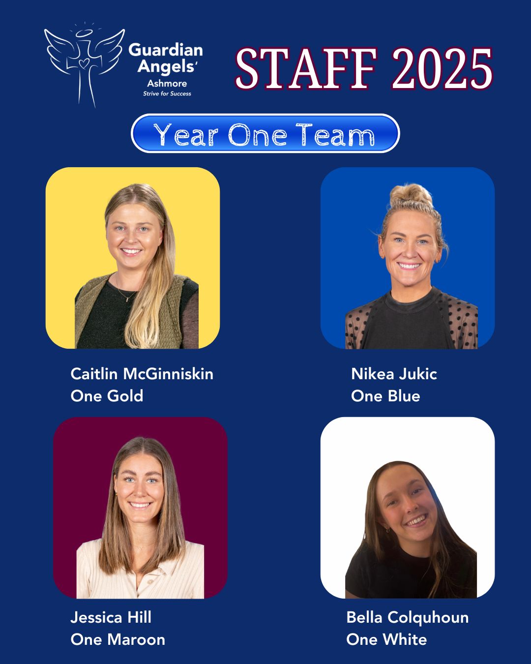Image 2: Year One teaching team graphic showing staff photos and class group names within a school environment
