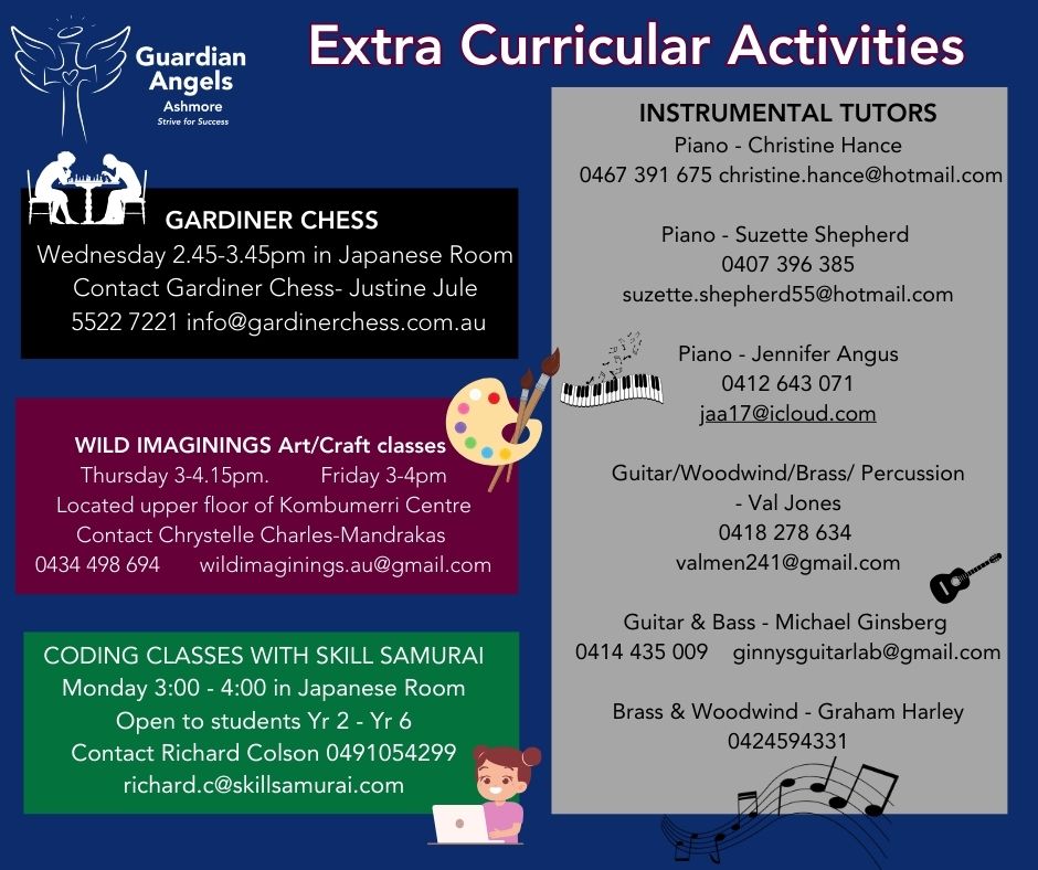 Image 1: Infographic outlining extra curricular activities including chess, art and coding classes with instrumental tutor contact details