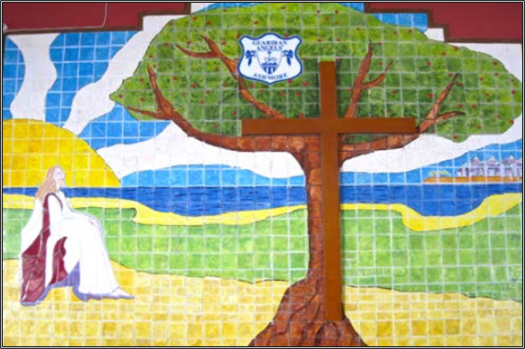 Catholic school mosaic artwork featuring a tree with a cross, coastal landscape and figure representing faith and school identity