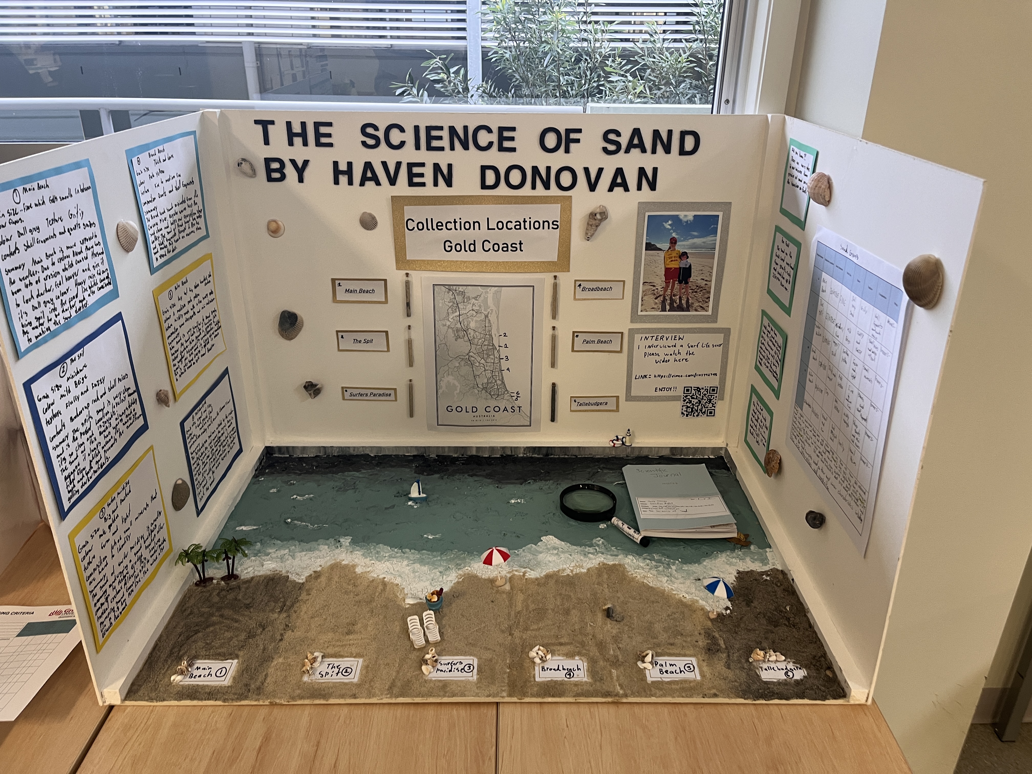 Student project display titled The Science of Sand showcasing Gold Coast beach sand samples, collection locations and research findings