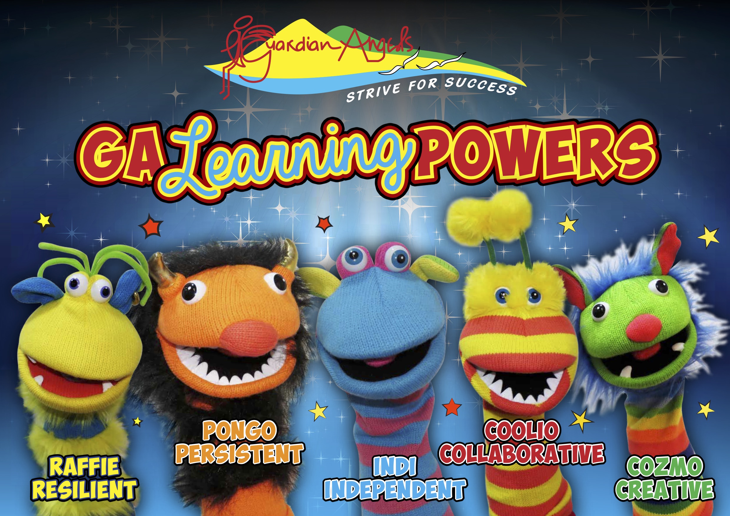 Colourful Guardian Angels Learning Powers graphic featuring puppets representing resilience, persistence, independence, collaboration and creativity