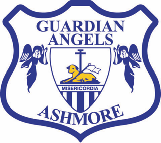 School crest displaying Guardian Angels Ashmore with shield, cross and lamb symbol representing Catholic identity and heritage