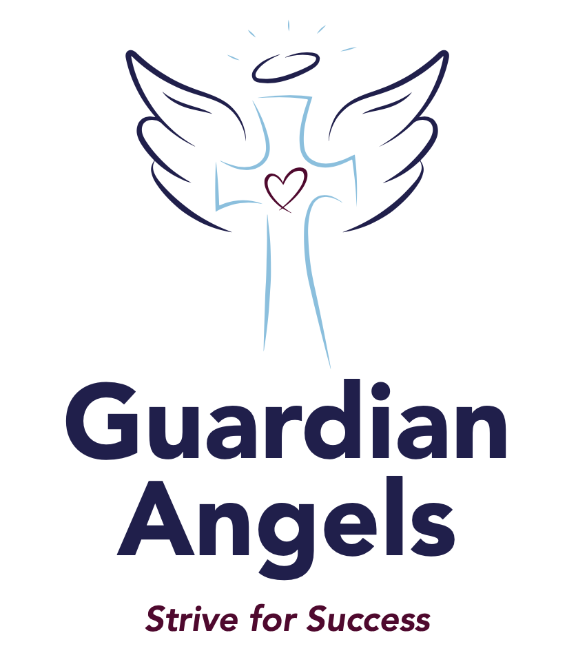 School logo featuring a stylised angel with wings and halo above the words Guardian Angels and the motto Strive for Success