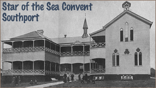 Historical photograph of Star of the Sea Convent Southport showing early school buildings and students gathered outside