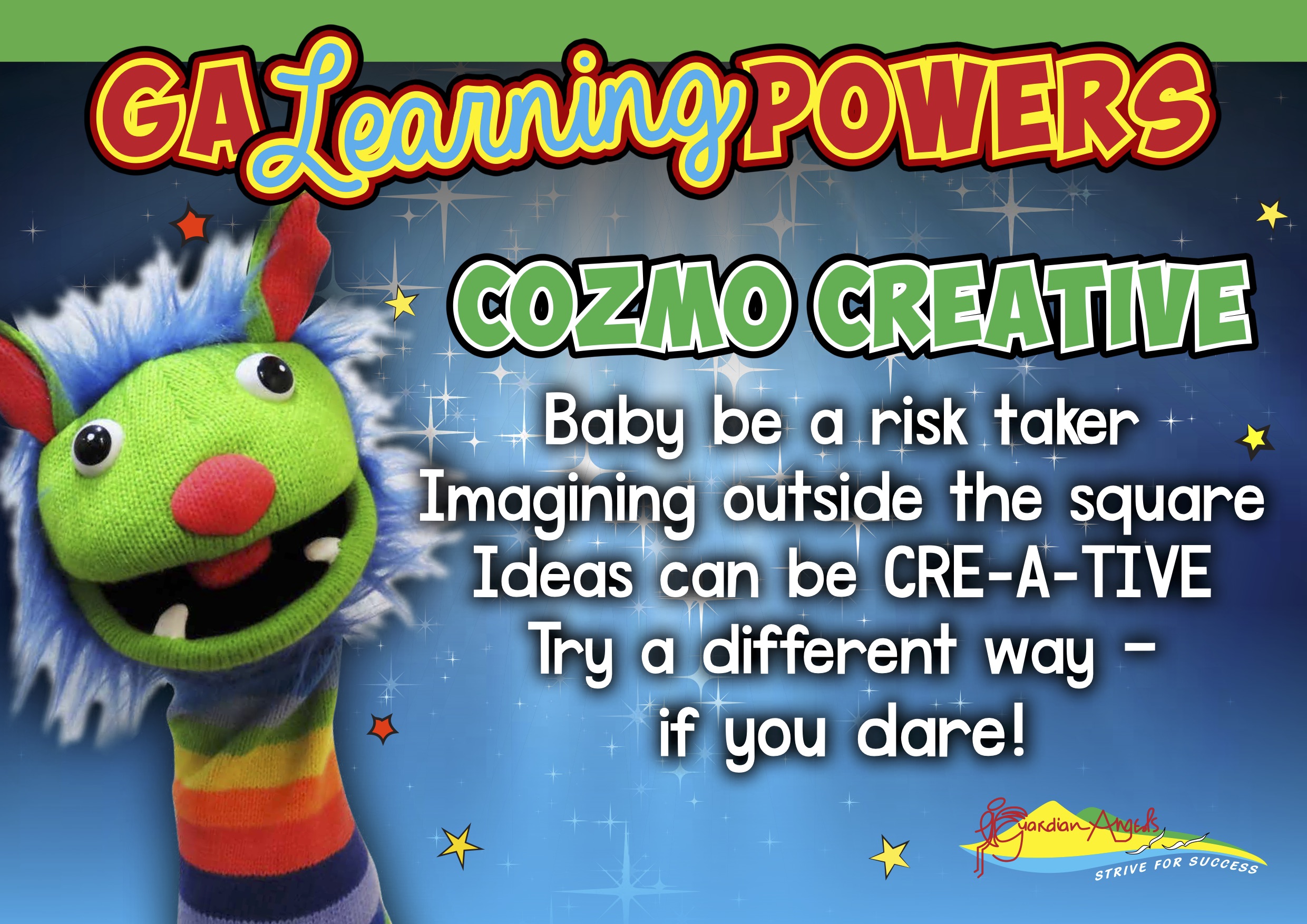 Puppet character representing creativity as part of Guardian Angels Learning Powers program