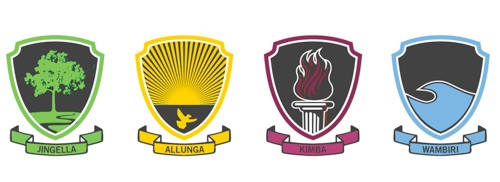Four house shields featuring symbols of tree, sunburst, flame and wave representing school houses Jingella, Allunga, Kimba and Wambiri